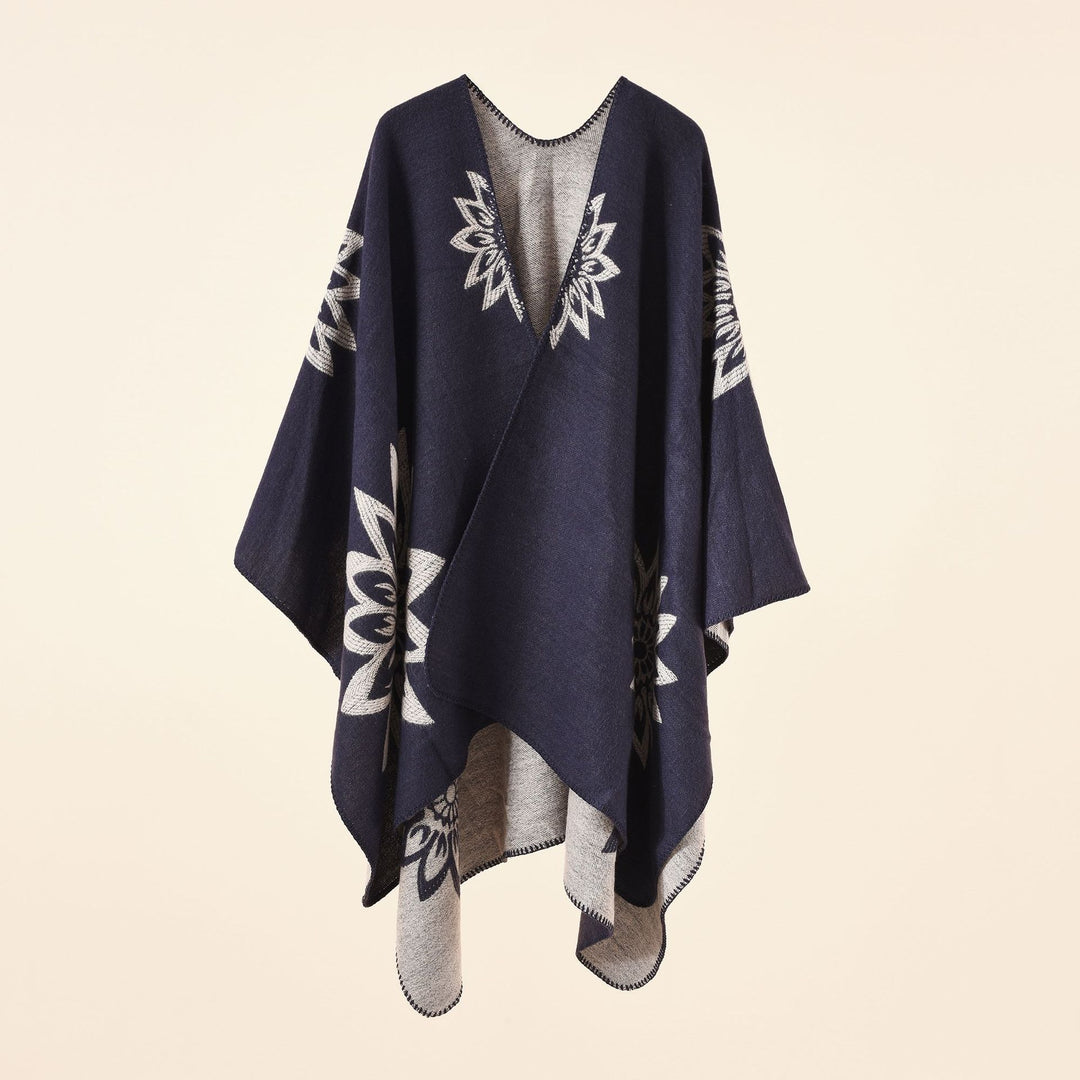 Damen Oversize‑Umhang im Wendefinish mit floraler Intarsienstickerei – Célinea