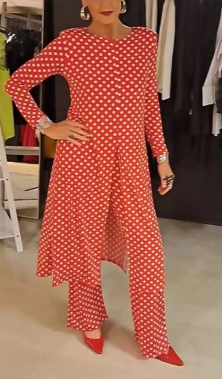Damen nan Pünktchen-Lounge-Ensemble mit langer A-Linien-Tunika, mittigem Frontschlitz und weiter Palazzohose Echo Archiv