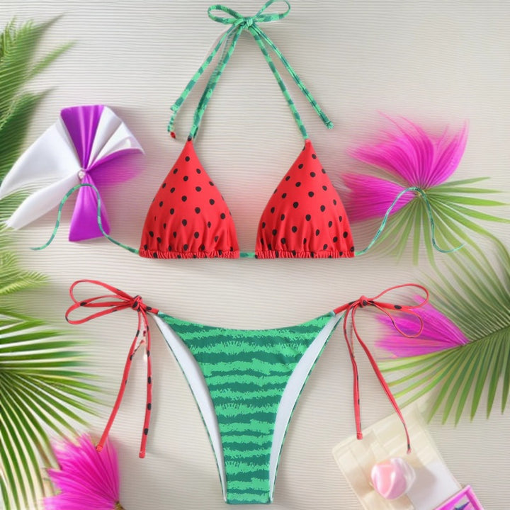Damen Triangel-Bikini mit verspieltem Obstdesign und verstellbaren Trägern Echo Archiv