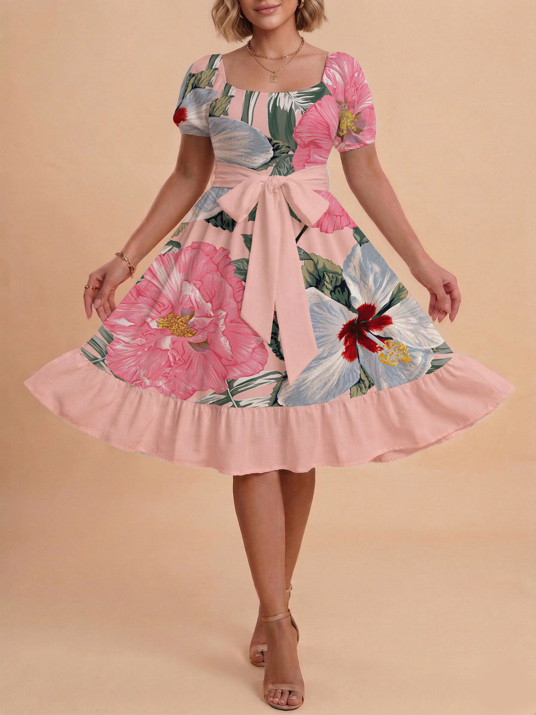 Damen Sommerkleid mit floralem Puffärmel und taillierbarem Gürtel Echo Archiv