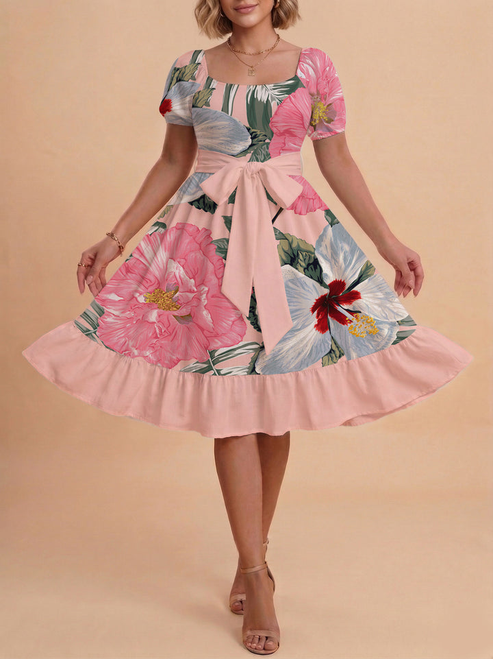 Damen Sommerkleid mit floralem Puffärmel und taillierbarem Gürtel Echo Archiv