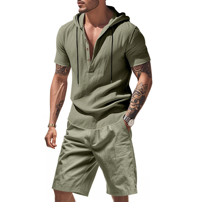 Herren Freizeit-Langarm-Hoodie mit Knopfleiste und Shorts Echoarchiv