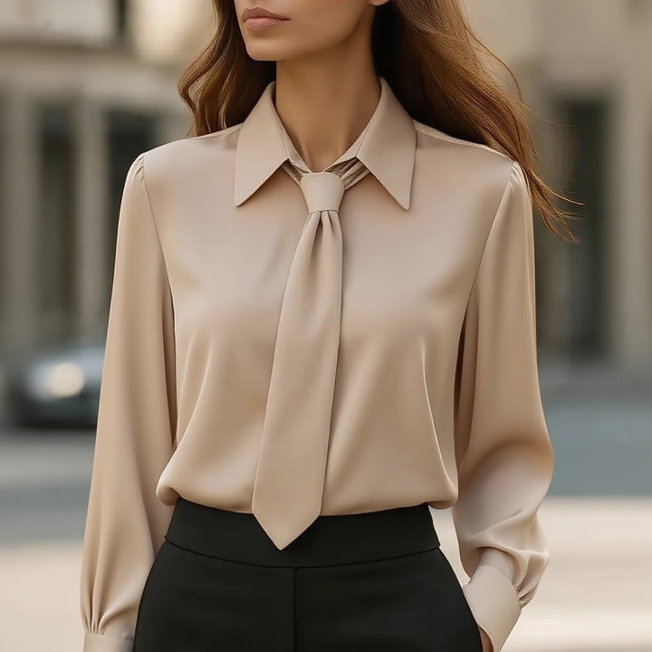 Damen Seidige Business Bluse mit Hemdkragen und integrierter Schleife Echoarchiv