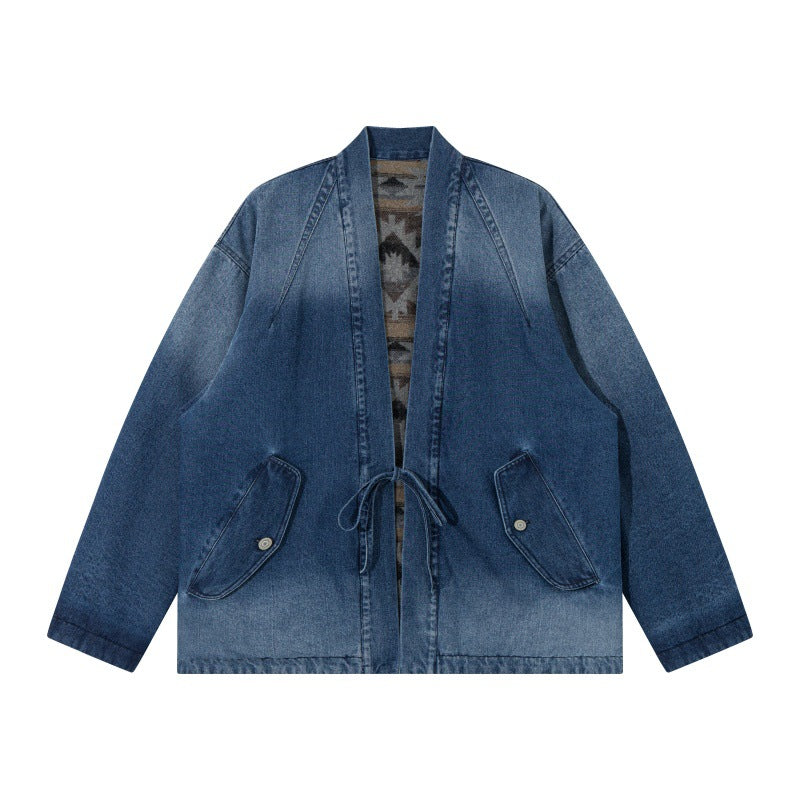 Unisex Jeans-Kimonojacke mit Bindegürtel und gemusterter Futterung Echoarchiv