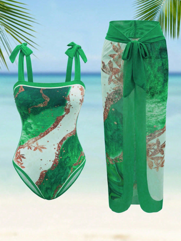 Damen Eleganter Einteiler Badeanzug mit passendem Strandrock Echo Archiv