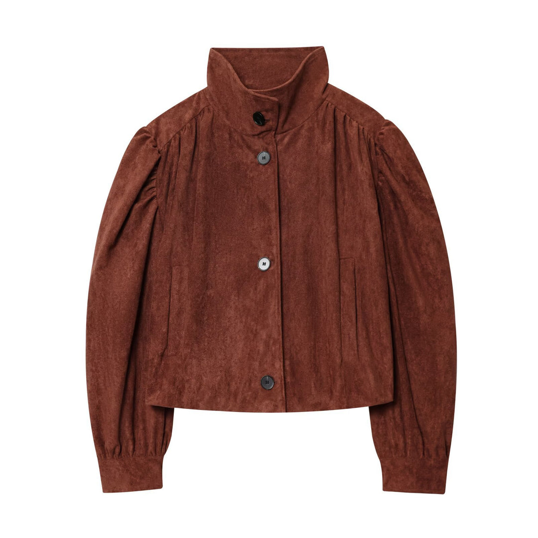 Damen Kurzjacke aus Velourslederimitat mit Stehkragen, gerafften Balloonärmeln und Knopfleiste Echo Archiv