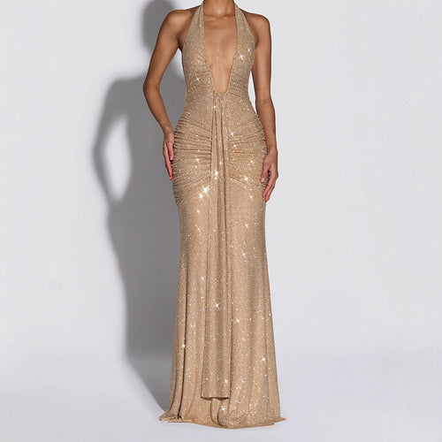 Damen Glamouröses Abendkleid mit tiefem V-Ausschnitt und funkelnden Details Echo Archiv