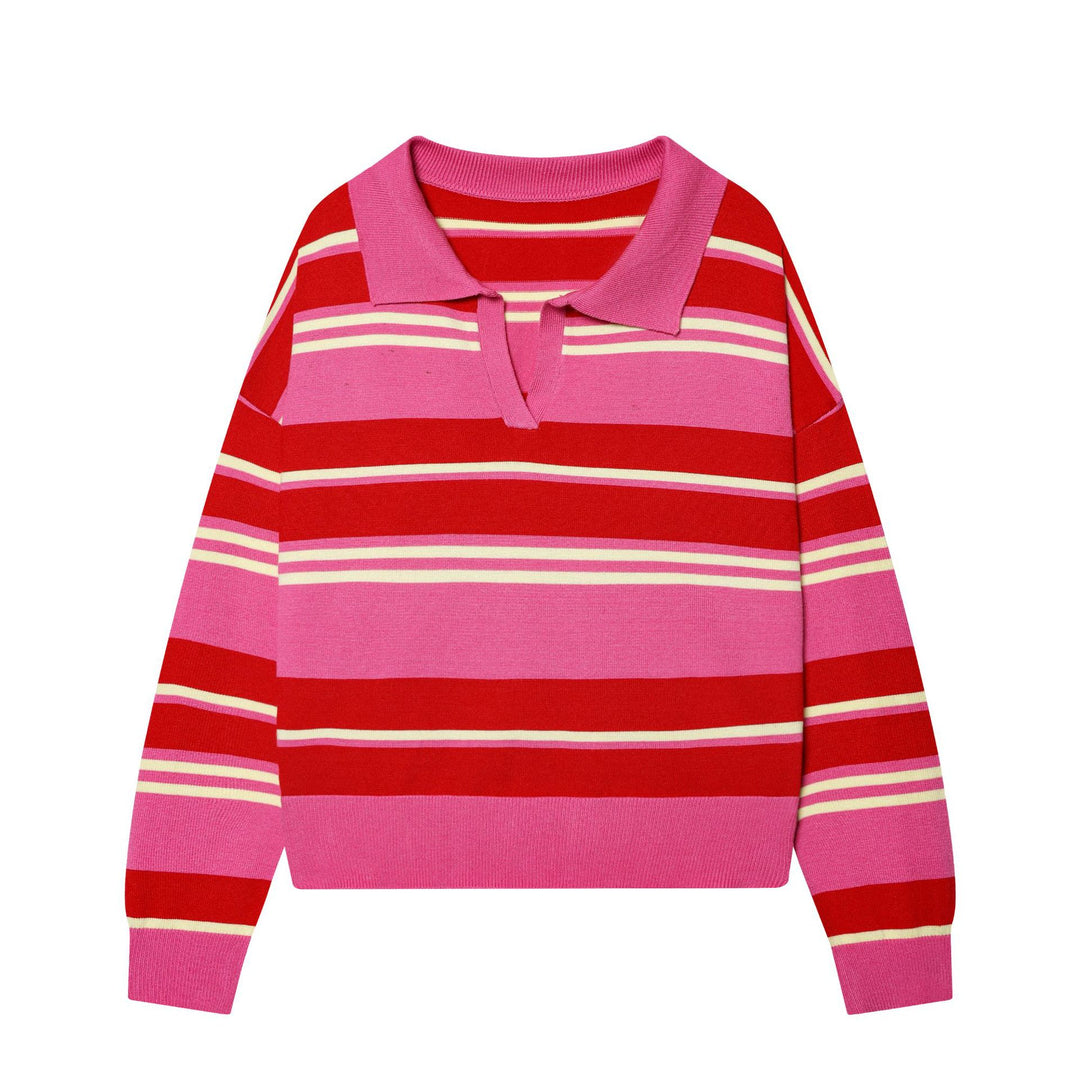 Damen gestreifter Feinstrick-Polopullover mit Knopfleiste, Rippbündchen und leichter Wollmischung – Mavelle