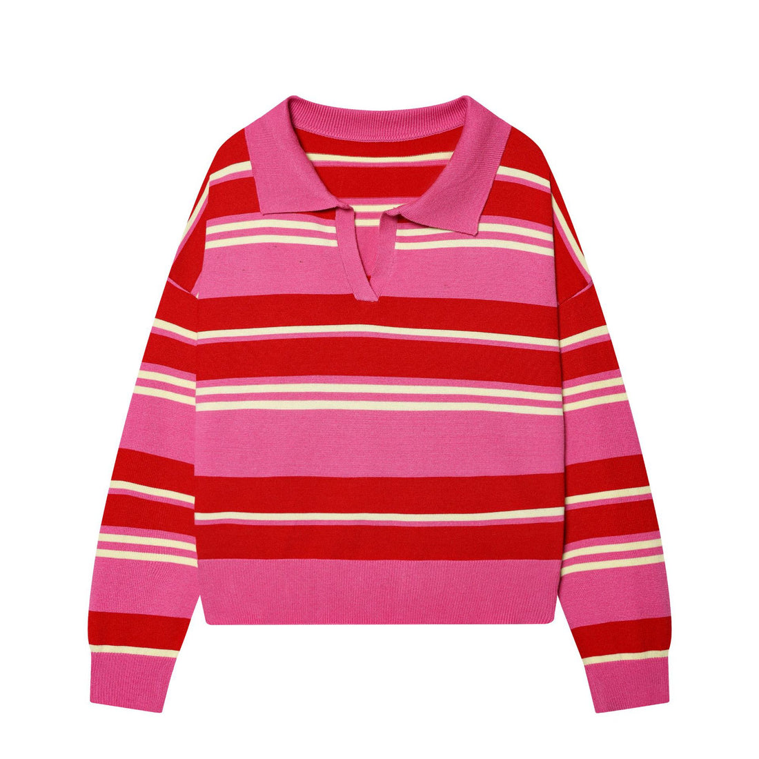 Damen gestreifter Feinstrick-Polopullover mit Knopfleiste, Rippbündchen und leichter Wollmischung – Mavelle