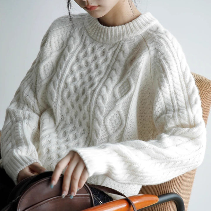 Damen Strukturierter Zopfmuster-Pullover aus Merino-Mix mit gerippten Abschlüssen und kastiger Passform Echoarchiv