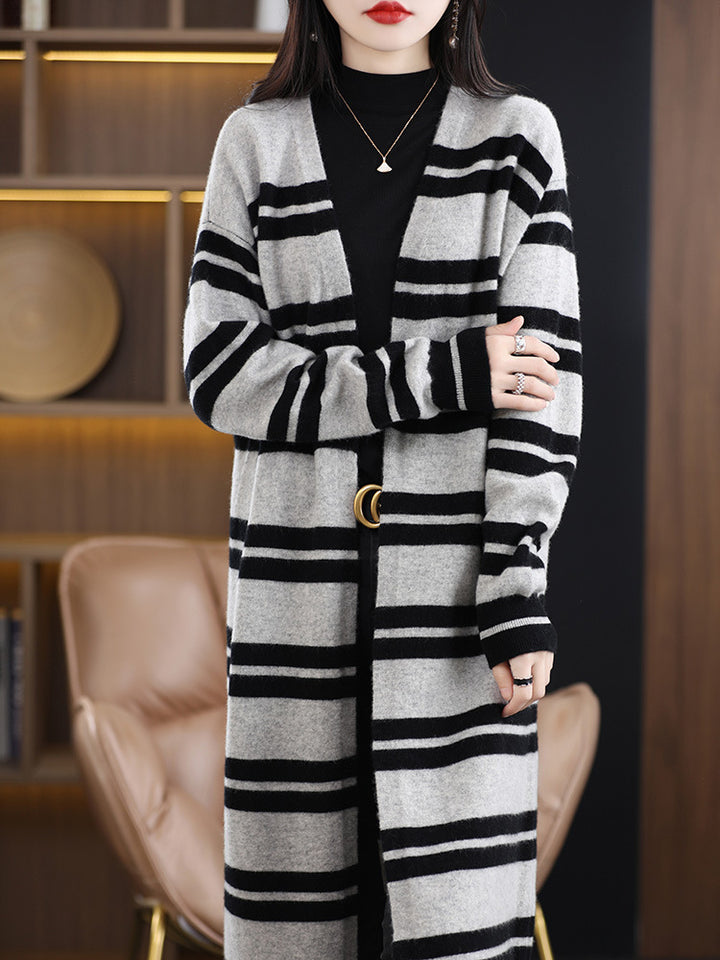 Damen Oversize-Longcardigan aus weichem Wollmix mit kontrastierenden Blockstreifen Echoarchiv