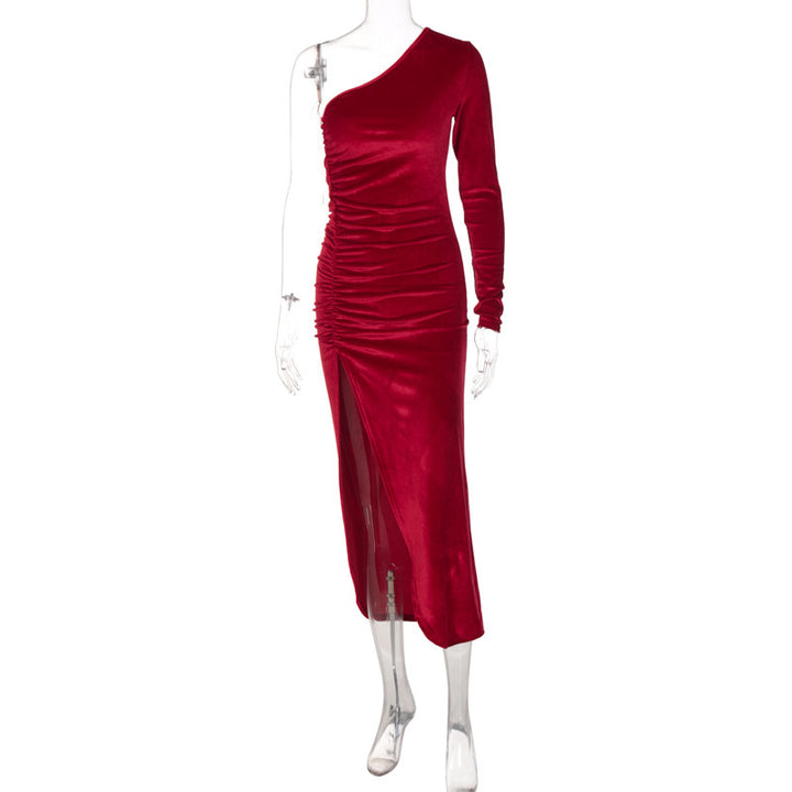 Damen stilvolles Ein-Schulter-Kleid mit Raffungen und Schlitz Echo Archiv