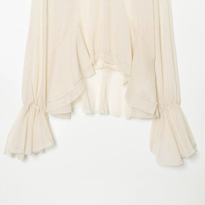 Damen nan transparente Chiffonbluse mit Schleifenkragen, Volantärmeln und Schößchen Echo Archiv