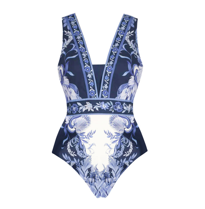 Damen Einteiler Badeanzug mit floralem Design und V-Ausschnitt Echo Archiv