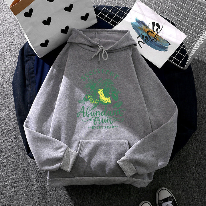 Damen Kapuzenpullover im Relaxed-Fit mit botanischer Frucht-Illustration und Kängurutasche – Auréline