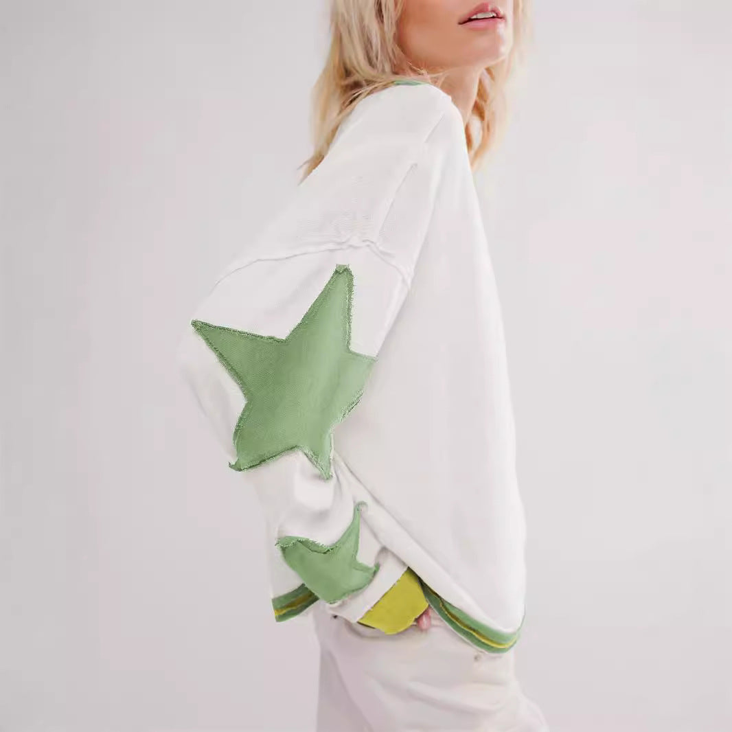 Damen Lässiger Sweatshirt mit Gestreiftem Design und Sternenapplikationen Echoarchiv