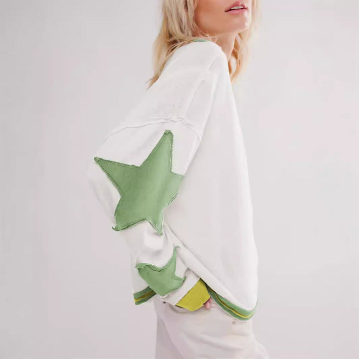 Damen Lässiger Sweatshirt mit Gestreiftem Design und Sternenapplikationen Echoarchiv