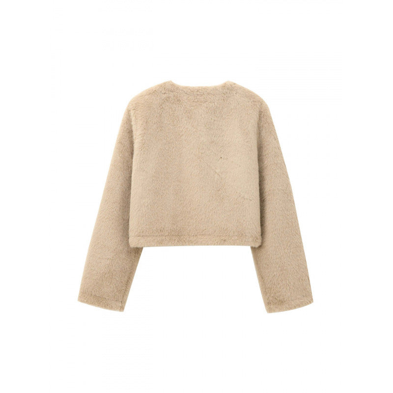 Damen Cropped Teddy‑Jacke mit geradem Saum, Rundhals und Hornknopfverschluss Echo Archiv
