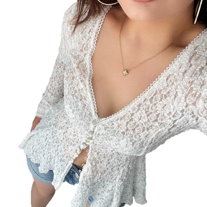 Damen Rüschenbluse aus feiner Spitze mit Knopfdetails Echo Archiv