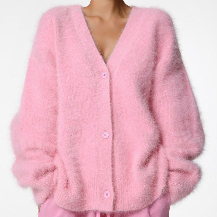 Damen Kuscheliger Oversize-Cardigan aus Teddy-Strick mit tiefem V-Ausschnitt – Veloura