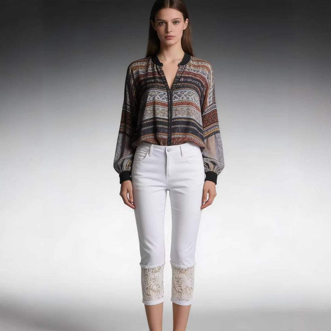 Damen Jeans mit romantischem Spitzeneinsatz und hohem Bund Echo Archiv
