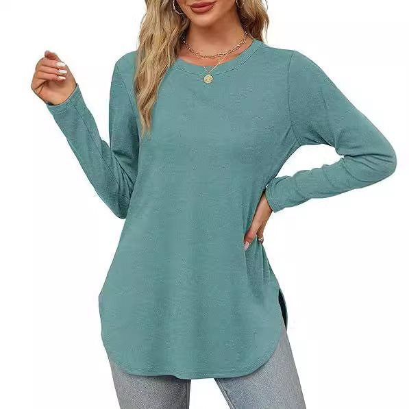 Damen Lässiges Longsleeve-Tunikaoberteil mit Rundhalsausschnitt, Seitenschlitzen und Aquarell-Blattprint Echo Archiv
