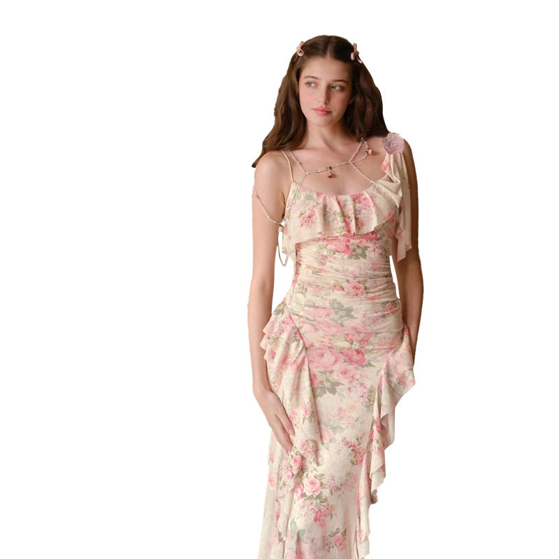Damen Maxikleid mit floralem Rüschendesign und einem einseitigen Träger Echo Archiv