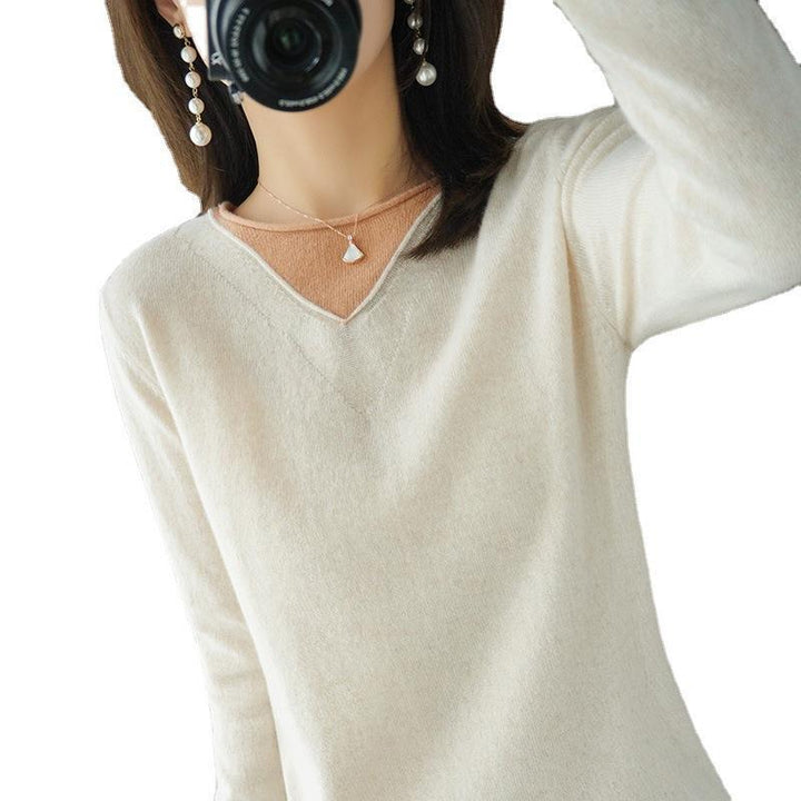 Damen Weicher V‑Ausschnitt-Pullover aus Kaschmir‑Look mit kontrastierter Kantenverzierung Echoarchiv