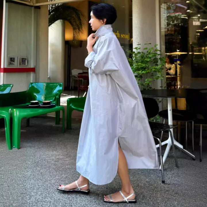 Damen Fließendes Oversize‑Hemdkleid mit Kentkragen, Kimonoärmeln und Seitenschlitzen – Valéora