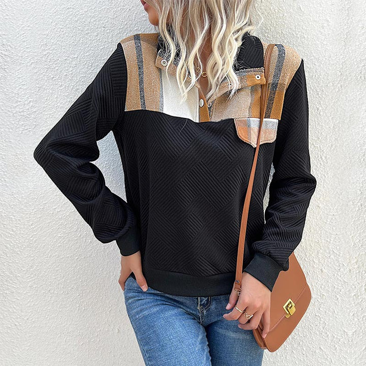 Damen Stepp-Sweatshirt mit Karodetail, Knopfblende und geripptem Bund Echoarchiv
