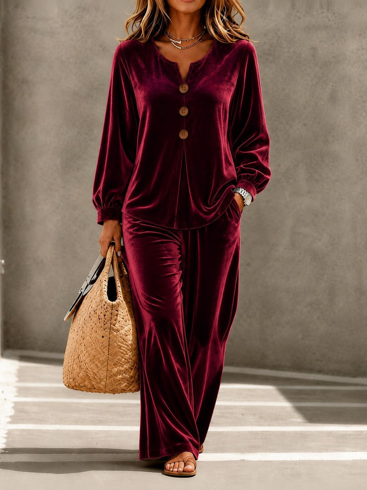Damen nan weiches Samt Lounge-Set mit V-Ausschnitt Knopfblende und weitem Bein Echo Archiv