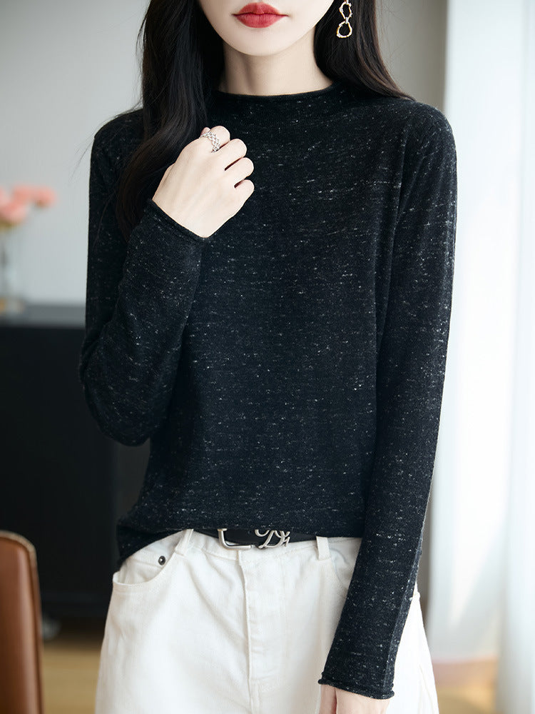 Damen Minimalistischer Nep-Strick-Longsleeve mit kurzem Stehkragen Echoarchiv