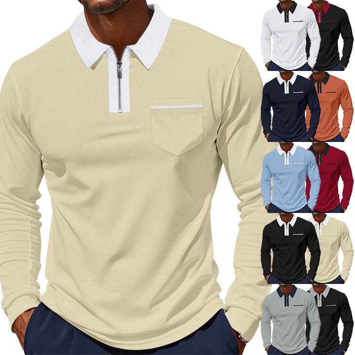 Herren nan langärmeliges Zip-Poloshirt mit Brusttasche und Kontrastkragen Echo Archiv