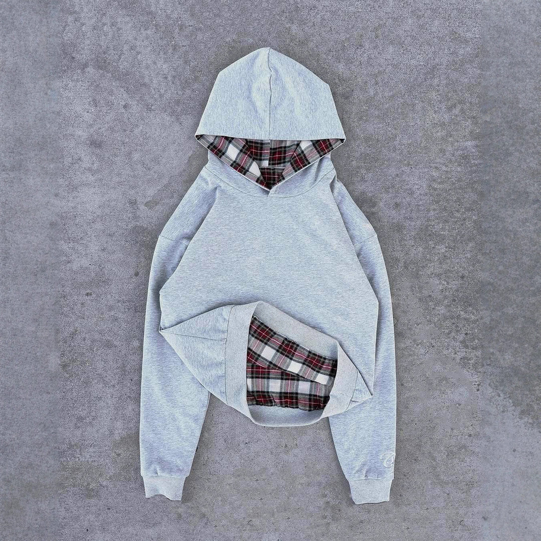 Damen nan kurz geschnittenes Kapuzensweatshirt mit kariertem Flanellfutter und Kängurutasche Echo Archiv