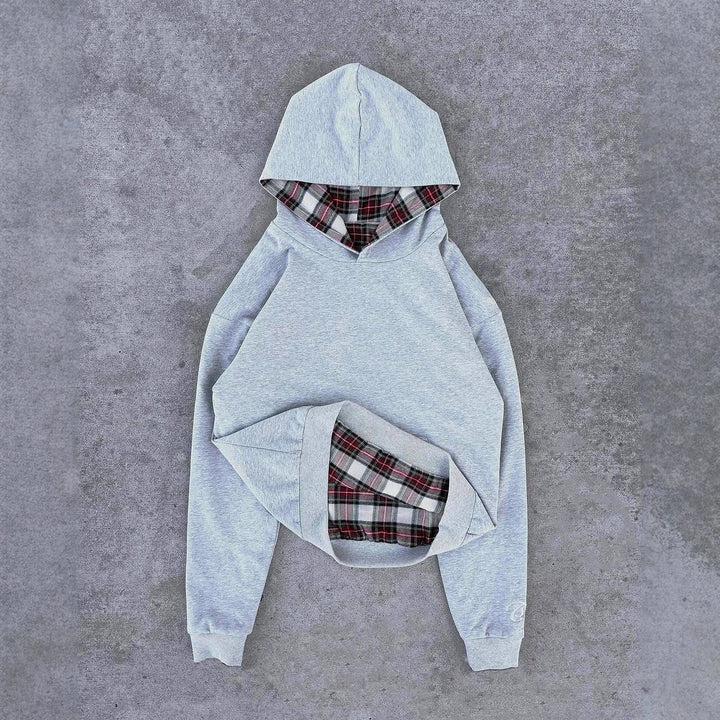 Damen nan kurz geschnittenes Kapuzensweatshirt mit kariertem Flanellfutter und Kängurutasche Echo Archiv