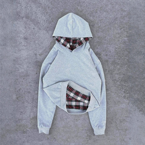 Damen nan kurz geschnittenes Kapuzensweatshirt mit kariertem Flanellfutter und Kängurutasche Echo Archiv