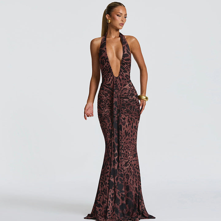 Damen Elegantes Maxikleid mit tiefem V-Ausschnitt und Raffungen Echo Archiv