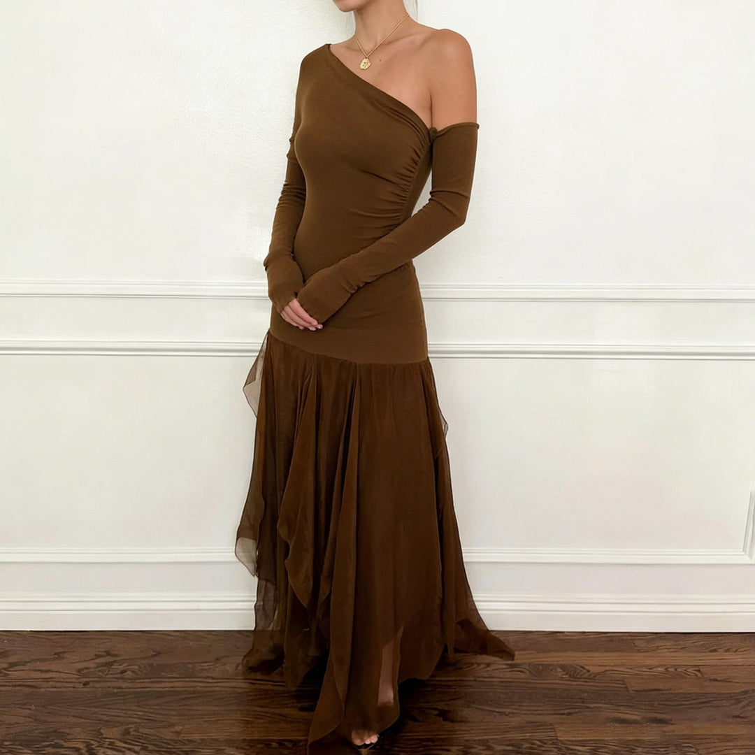 Damen Ein-Schulter-Abendkleid mit taillierter Stretch-Silhouette und mehrlagigem Tüll-Mermaidrock Echo Archiv