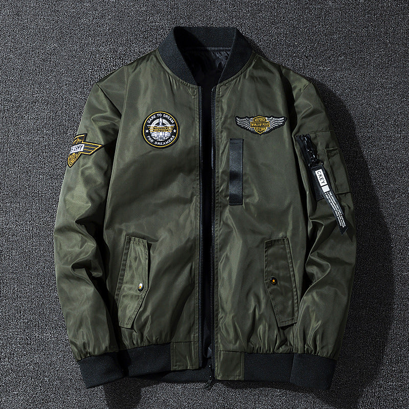Men's vintage aviation patch lightweight flight bomber jacket with ribbed collar and zip sleeve pocket – Brevano