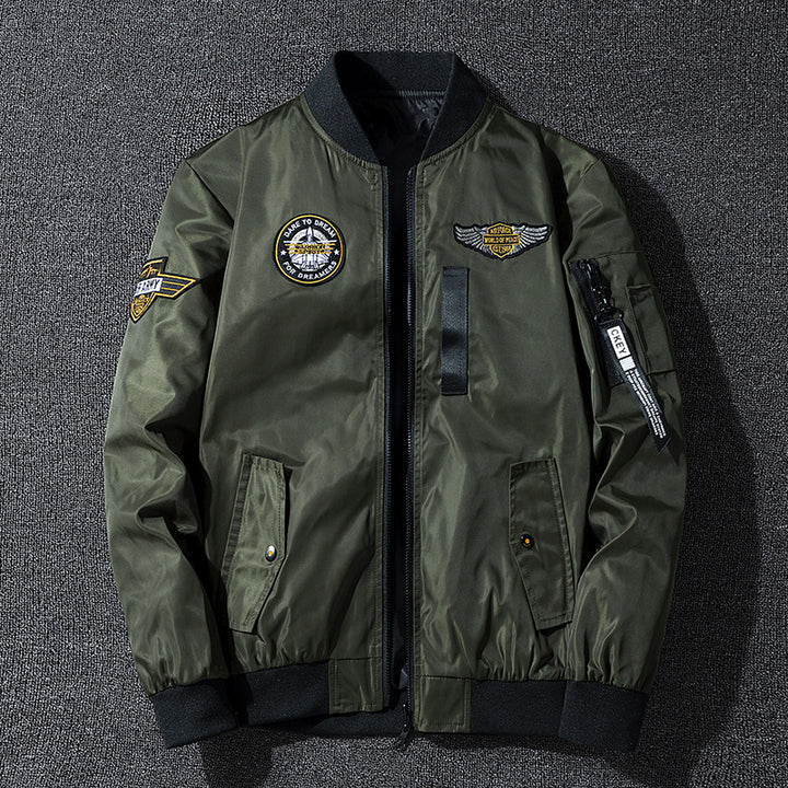 Men's vintage aviation patch lightweight flight bomber jacket with ribbed collar and zip sleeve pocket – Brevano