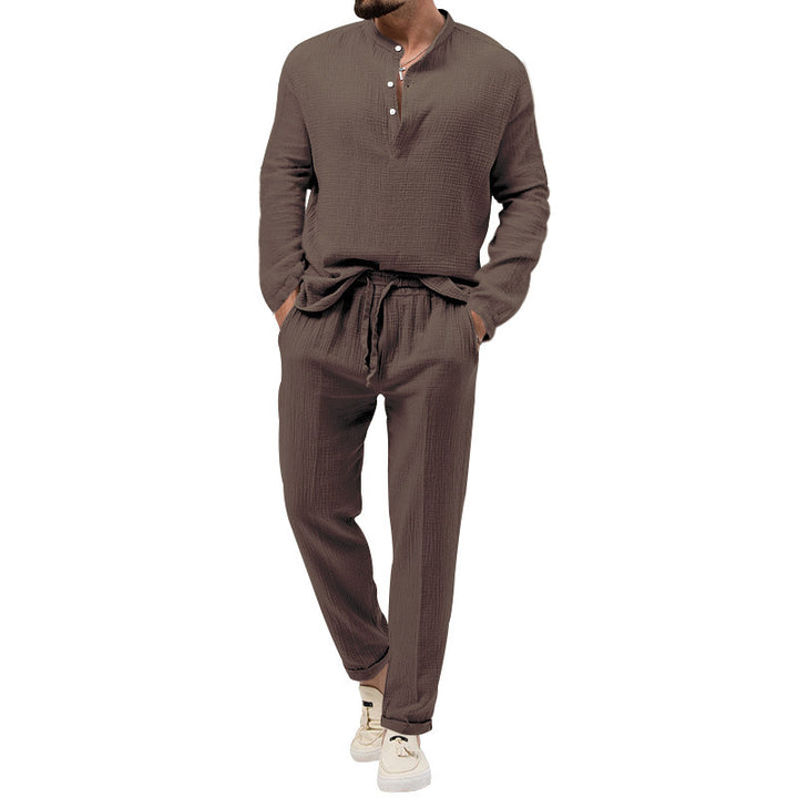 Herren Lässiges Zweiteiliges Lounge-Set aus Baumwoll-Gauze mit Henley-Oberteil und Tunnelzug-Hose Echoarchiv