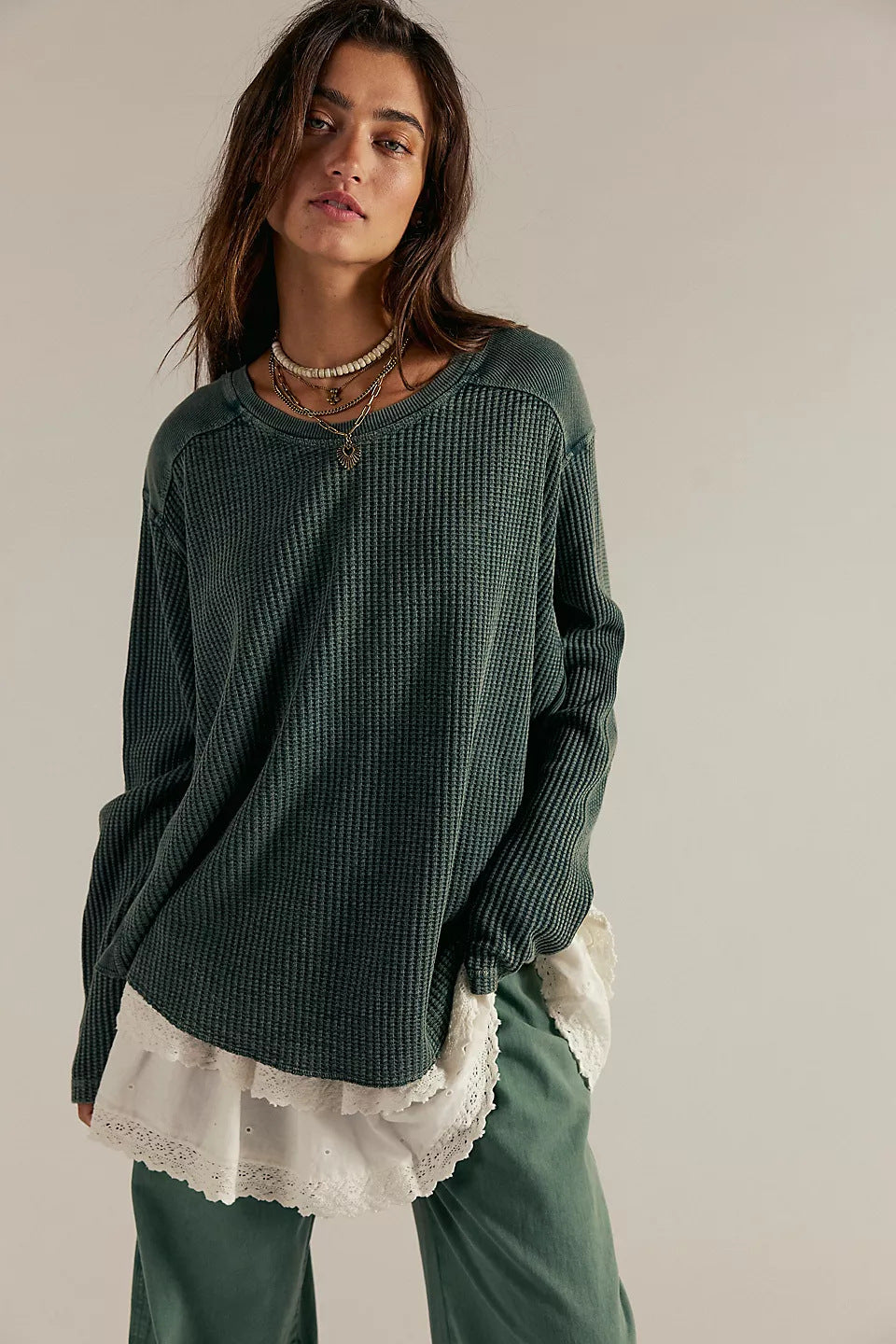 Damen Oversized Waffelstrick-Pullover mit weitem Schnitt und tiefem Raglan – Mavelle