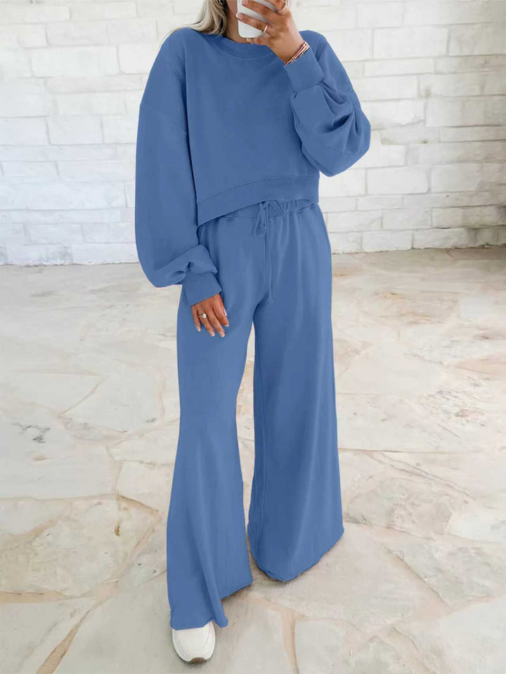 Damen Kurzpullover- und Palazzohose Lounge-Set mit Ballonärmeln Echoarchiv