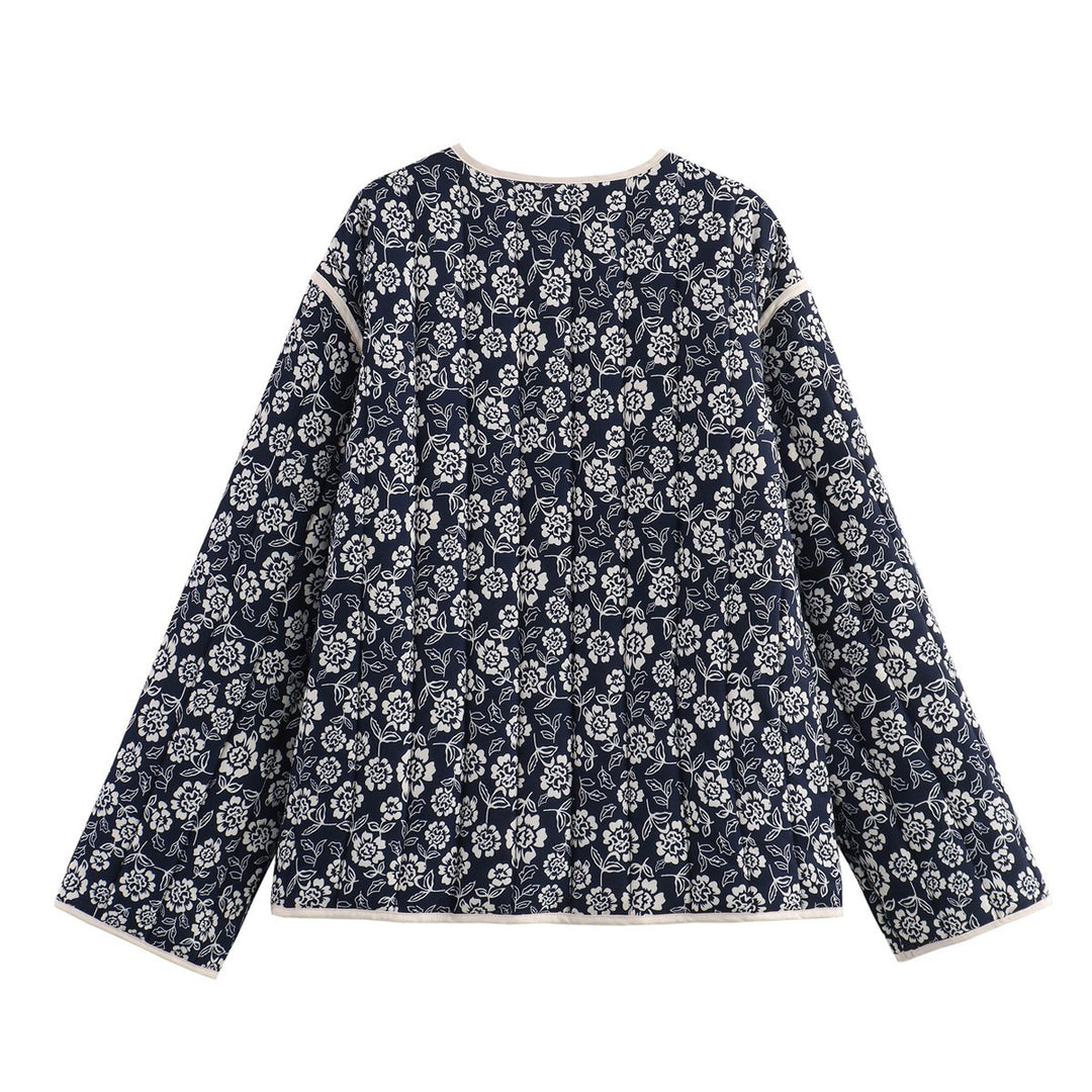 Damen gesteppte Jacke mit floralem Allover, V-Ausschnitt, Kontrastpaspel und aufgesetzten Taschen Echo Archiv