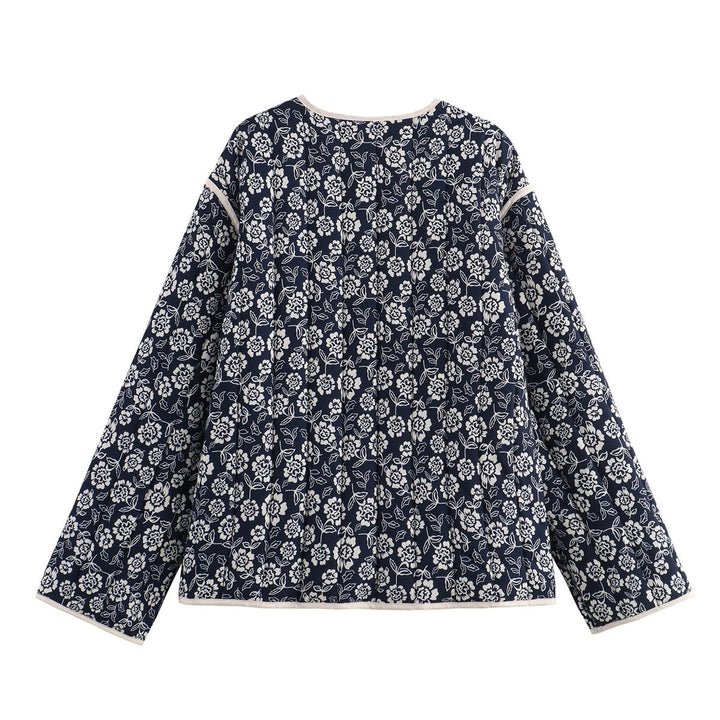 Damen gesteppte Jacke mit floralem Allover, V-Ausschnitt, Kontrastpaspel und aufgesetzten Taschen Echo Archiv