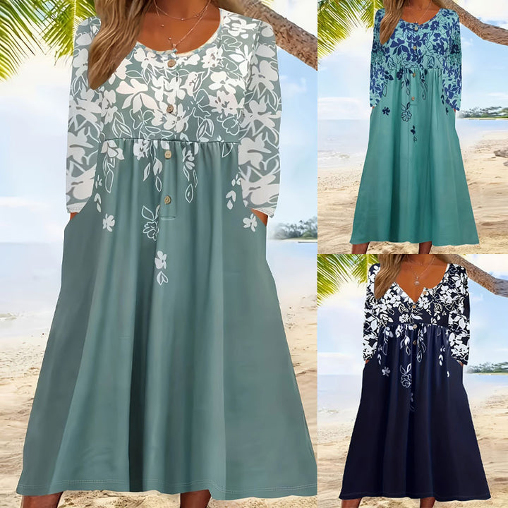 Damen Maxikleid mit V-Ausschnitt, Blumenprint, Knopfleiste und Eingrifftaschen Echoarchiv