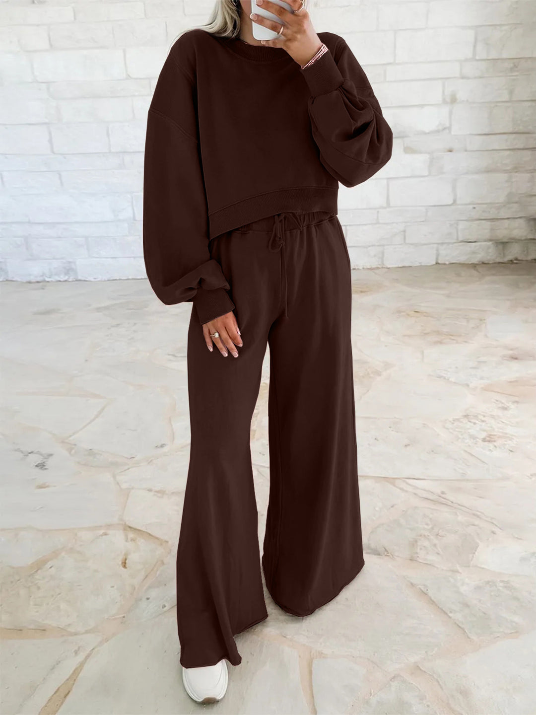 Damen Kurzpullover- und Palazzohose Lounge-Set mit Ballonärmeln Echoarchiv