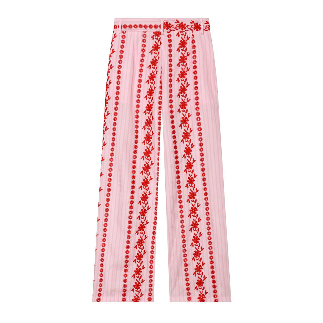 Damen Hochtaillierte Palazzo-Hose mit floraler Stickerei Echo Archiv