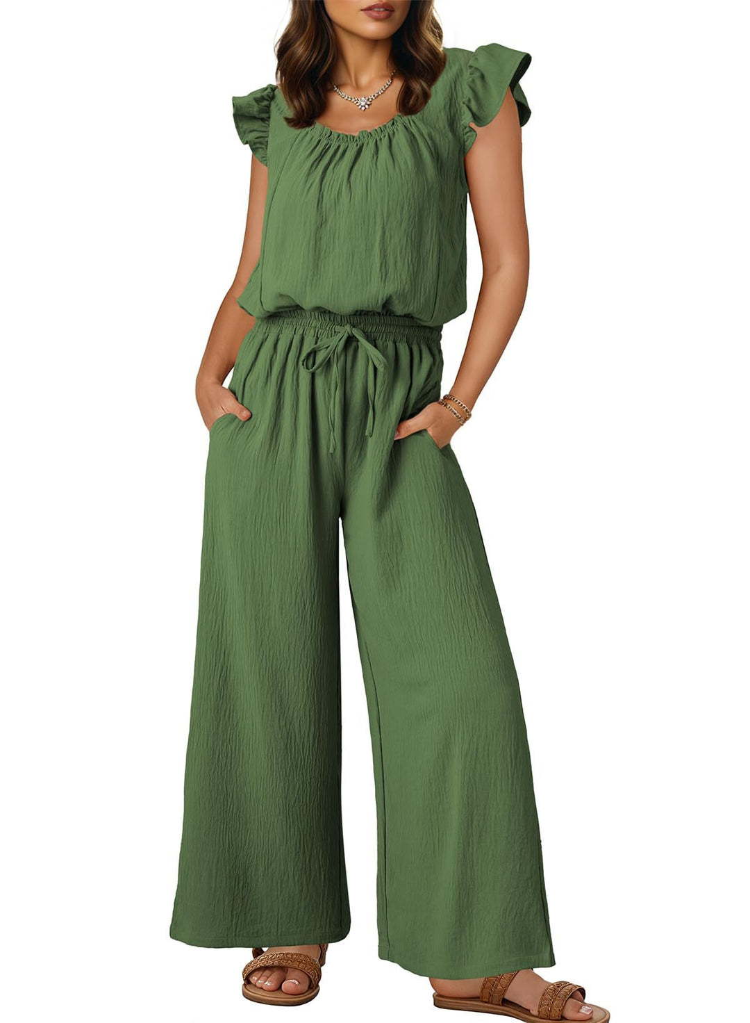 Damen Crinkle-Overall mit weitem Bein, elastischem Taillenbund und Rüschenärmeln Echo Archiv
