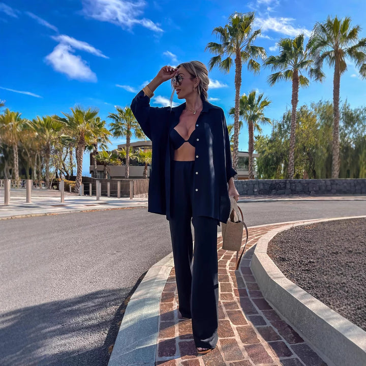 Damen legeres Leinen-Lounge-Set mit Hemdjacke im Oversize-Schnitt und weitem Bundfaltenhose – Élanora